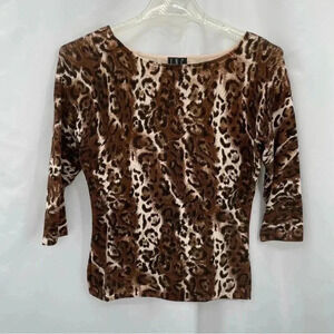 INC International Concepts Women’s Leopard Top Small Petite Brown Black 3/4 Slv